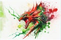 Red Dragon animal watercolour illustration portrait Welsh flag Wales