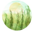 Watercolor painting, illustration, round logo. Forest, suburban landscape, silhouettes of fir trees, pines, trees and bushes Royalty Free Stock Photo