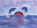 Watercolor painting illustration showing two dolphins leaping out of the sea, while sunset