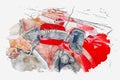 Watercolor painting illustration of Woman with fuel pistol and red car