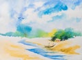Watercolor painting of Indian village, a house with green forest background and river, boats in foreground. Indian watercolor Royalty Free Stock Photo