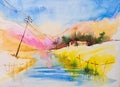 Watercolor painting of Indian village, a house with mountain background and river, lightpost in foreground. Indian watercolor Royalty Free Stock Photo
