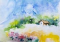 Watercolor painting, Indian village, a wooden house with green forest and mountains background and yellow colored field in