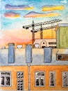 Watercolor painting with ink pen lines city landscape - houses and buildings cranes - during sunset Royalty Free Stock Photo