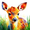 Watercolor painting of innocence, curiosity baby deer. Fawn, large, expressive eyes. Nature, wildlife, outdoors. Splashes of paint Royalty Free Stock Photo