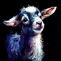 Watercolor painting innocence, playfulness young goat. White and grey fur, expressive emotion eyes. Dark background, colors brush