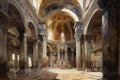 Watercolor painting of the interior of the Basilica of San Clemente in Rome. Royalty Free Stock Photo