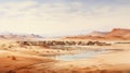 Watercolor Painting Of An Isolated Desert Town In United Arab Emirates