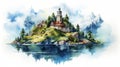 Watercolor Painting Of Isolated Island Castle In Elmore Bay