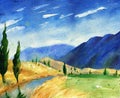 Watercolor painting with italian country landscape. Typical tuscan hills with cypress and farmland.