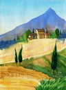 Watercolor painting with italian country landscape. Typical tuscan hills with cypress and farmland.