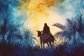 Watercolor painting of Jesus Christ riding a donkey past palm trees. Generative AI