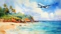 Watercolor Painting Of Jet Flying Over Beach And Sea