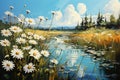 Watercolor painting of a lake with daisies in the meadow and blue sky Royalty Free Stock Photo