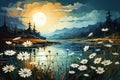 Watercolor painting of a lake with daisies in the meadow and blue sky Royalty Free Stock Photo