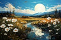 Watercolor painting of a lake with daisies in the meadow and blue sky Royalty Free Stock Photo