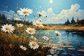 Watercolor painting of a lake with daisies in the meadow and blue sky Royalty Free Stock Photo