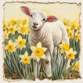 Watercolor Painting of a Lamb Standing in a Field of Daffodils AI Generated Royalty Free Stock Photo