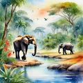 Watercolor painting landscape on an African tropical jungle with trees next to a river with elephants and in coordinating colors Royalty Free Stock Photo