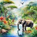 Watercolor painting landscape on an African tropical jungle with trees next to a river with elephants and in coordinating colors Royalty Free Stock Photo