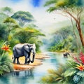 Watercolor painting landscape on an African tropical jungle with trees next to a river with elephants and in coordinating colors Royalty Free Stock Photo