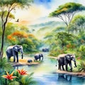 Watercolor painting landscape on an African tropical jungle with trees next to a river with elephants and in coordinating colors Royalty Free Stock Photo