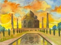 Watercolor painting landscape of archaeological site in the Taj Mahal.