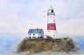 Watercolor painting landscape blue sea lighthouse on island with birds flying in the sky. Royalty Free Stock Photo