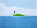 Watercolor painting landscape blue sea lighthouse