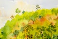 Watercolor painting landscape colorful of hill mountain meadow. Royalty Free Stock Photo