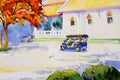 Watercolor painting landscape colorful of Tuk tuk taxi.