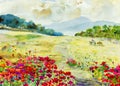 Watercolor painting landscape colorful of wildflowers, buffalo in meadow. Royalty Free Stock Photo