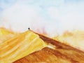 Watercolor landscape desert with the man stand alone in sandstorm. hand drawn.