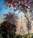 Watercolor painting landscape with eiffel tower Royalty Free Stock Photo