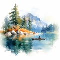 Watercolor painting of landscape with fisheman in a boat. in watercolor style. Watercolor illustration isolated on white Royalty Free Stock Photo