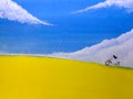 watercolor painting landscape girl bicycle through meadow in summer.