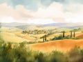 A watercolor painting of a landscape with hills and trees. Generative AI image. Royalty Free Stock Photo