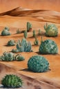 watercolor painting landscape image of vast desert with sparse vegetation of lone cactus.