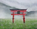 watercolor painting landscape Japanese gate on field and mountain covers fog. traditional oriental ink asia art hand drawn style.