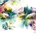 Watercolor painting of a landscape with a lake, trees and mountains AI Generated Generative AI Royalty Free Stock Photo