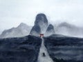 Watercolor landscape. the man sailing boat on river through the forest into japanese gate mysterious valley.traditional oriental i Royalty Free Stock Photo