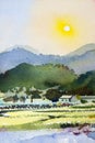 Watercolor painting landscape with a mountain complex Rice fields and home