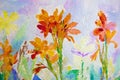 Watercolor painting landscape orange color of Canna lily flowers. Royalty Free Stock Photo