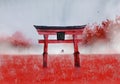 watercolor painting landscape woman and torii Japanese gate on red field and mountain covers fog. Royalty Free Stock Photo