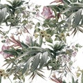 Watercolor painting of leaf and flowers, seamless pattern on white background Royalty Free Stock Photo