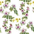 Watercolor painting of leaf and flowers, seamless pattern on white background Royalty Free Stock Photo