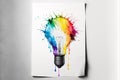 Watercolor painting with Lightbulb with colourful splashes and streaks of multi-colored paints banner on white background.