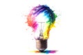 Watercolor painting with Lightbulb with colourful splashes and streaks of multi-colored paints banner on white background.
