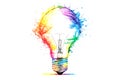 Watercolor painting with Lightbulb with colourful splashes and streaks of multi-colored paints banner on white background. Royalty Free Stock Photo