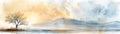 Watercolor painting of a lone tree in a misty landscape Royalty Free Stock Photo